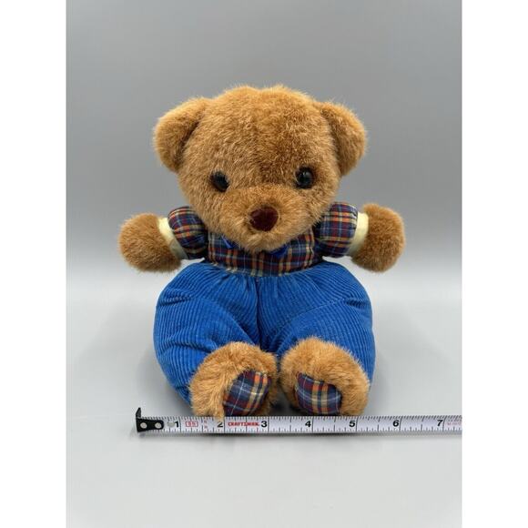 Vintage Dan Dee Teddy Bear Plaid & Blue Corduroy Pants Plush 7” No Tag - Picture 4 of 6